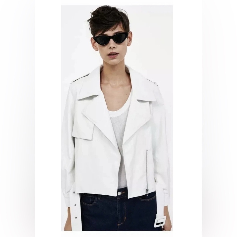 Zara White Faux Leather Moto Jacket Belted Oversized Lapel Medium - Picture 2 of 10